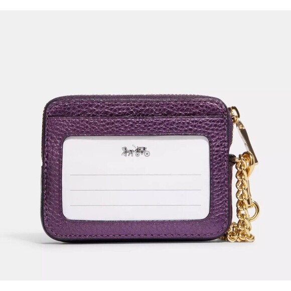 Coach CF415 Metallic Plum Purple Zip Card Case Pebble Leather Chain ID Wallet - Picture 8 of 8